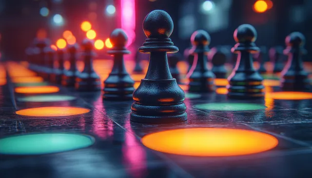 Black and white chess pieces on a glowing board with colored risk markers imply distancing and infection control.