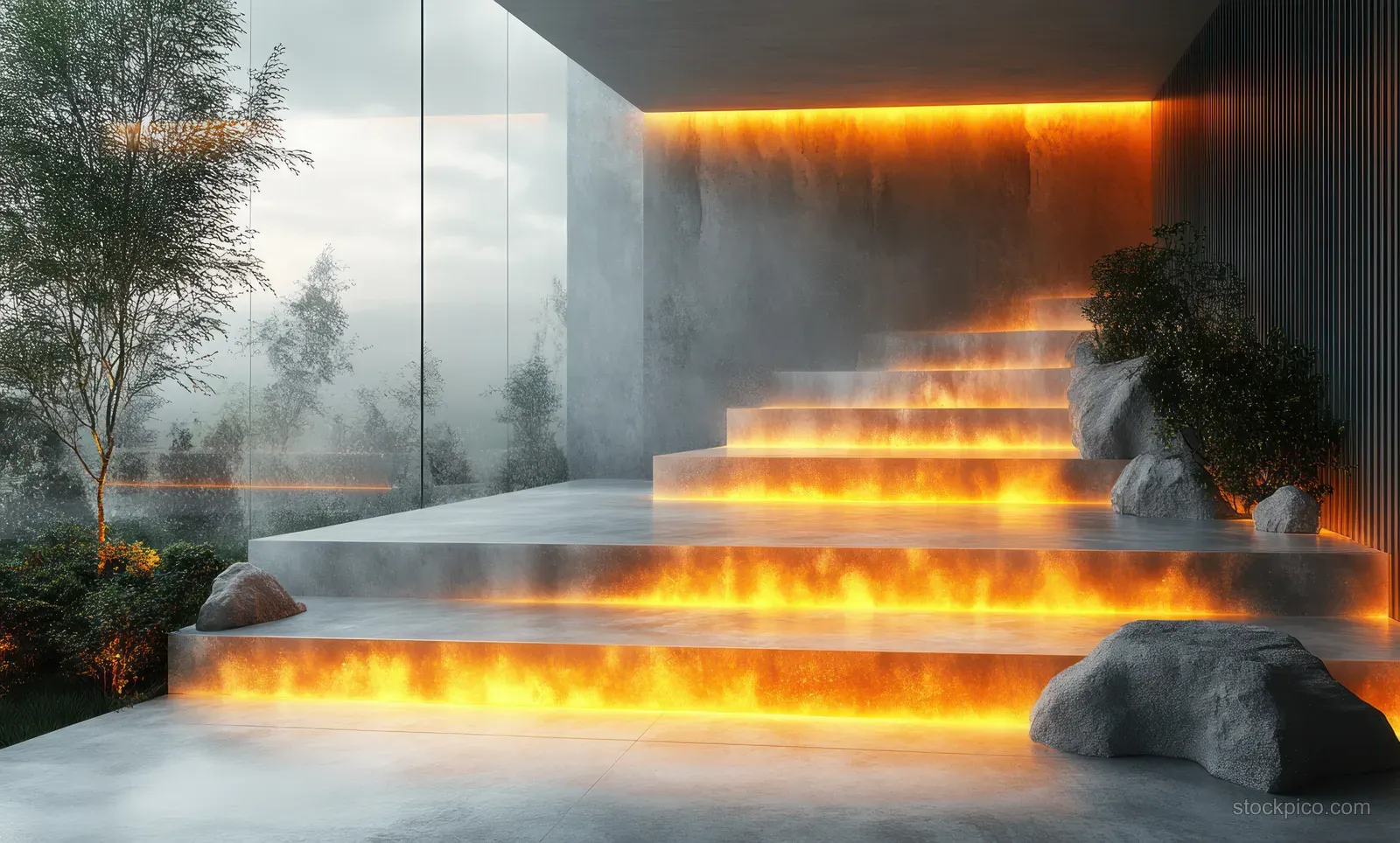 Transparent acrylic sheets float in a minimalist room as warm ambient light glows across stepped surfaces.