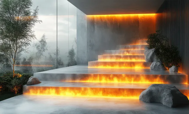 Transparent acrylic sheets float in a minimalist room as warm ambient light glows across stepped surfaces.