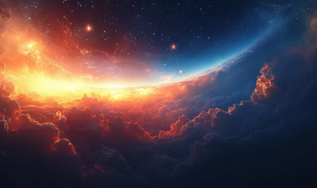 Warm light illuminates the rim of a planet’s atmosphere while colorful nebula clouds and distant stars fill deep space.