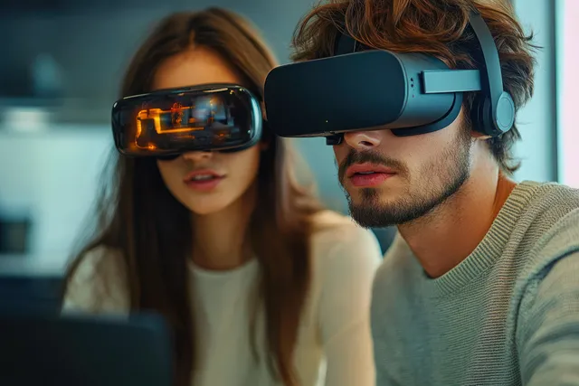 A young couple wearing VR headsets indoors leans forward, immersed in an interactive virtual environment.