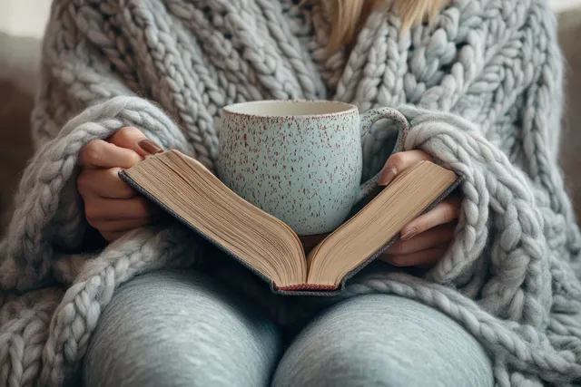 Hands wrapped in a chunky knit blanket hold an open book while a speckled ceramic mug sits beside it.