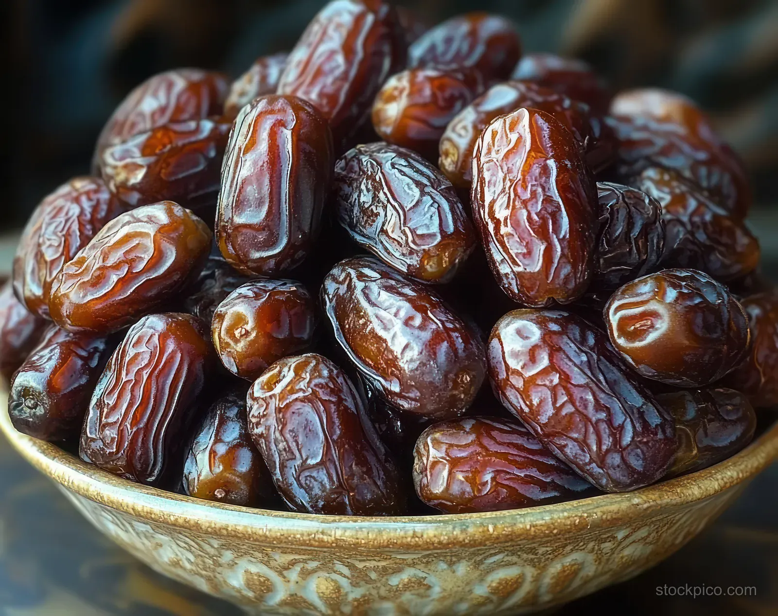A bowl of glossy dried dates with wrinkled caramel-brown skins in soft natural light.