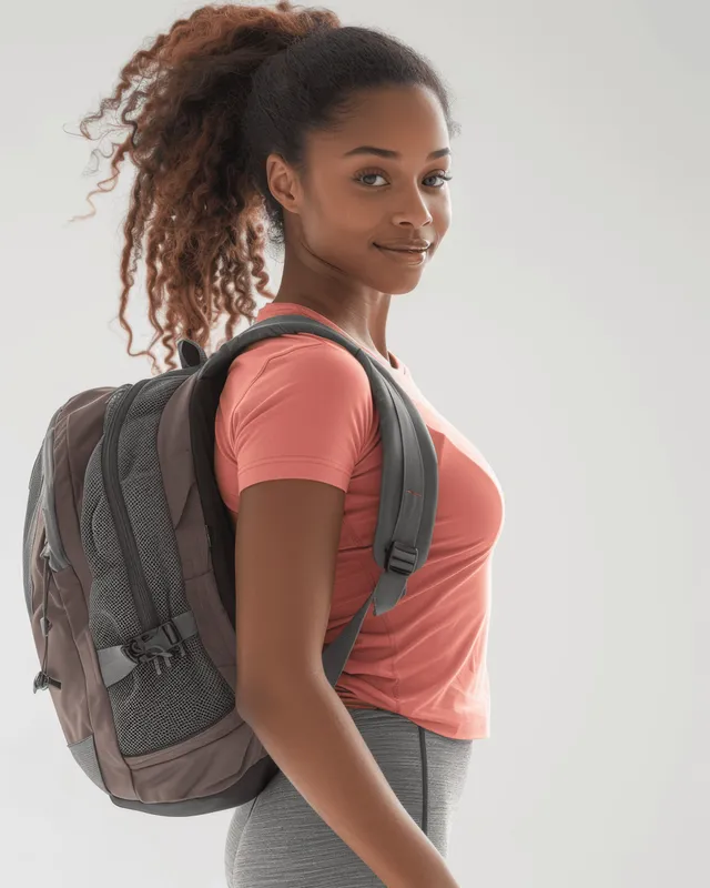 Smiling black woman walking side view with backpack on white background