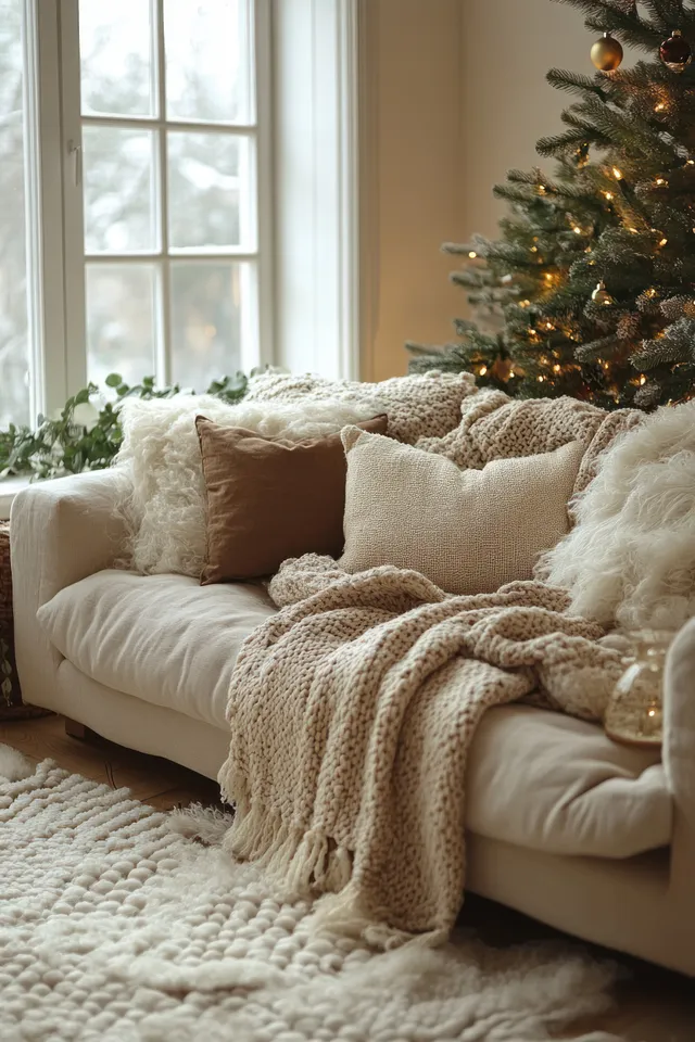 Snowy white sofa with fur throws sits beside a warmly lit Christmas tree in a bright living room.