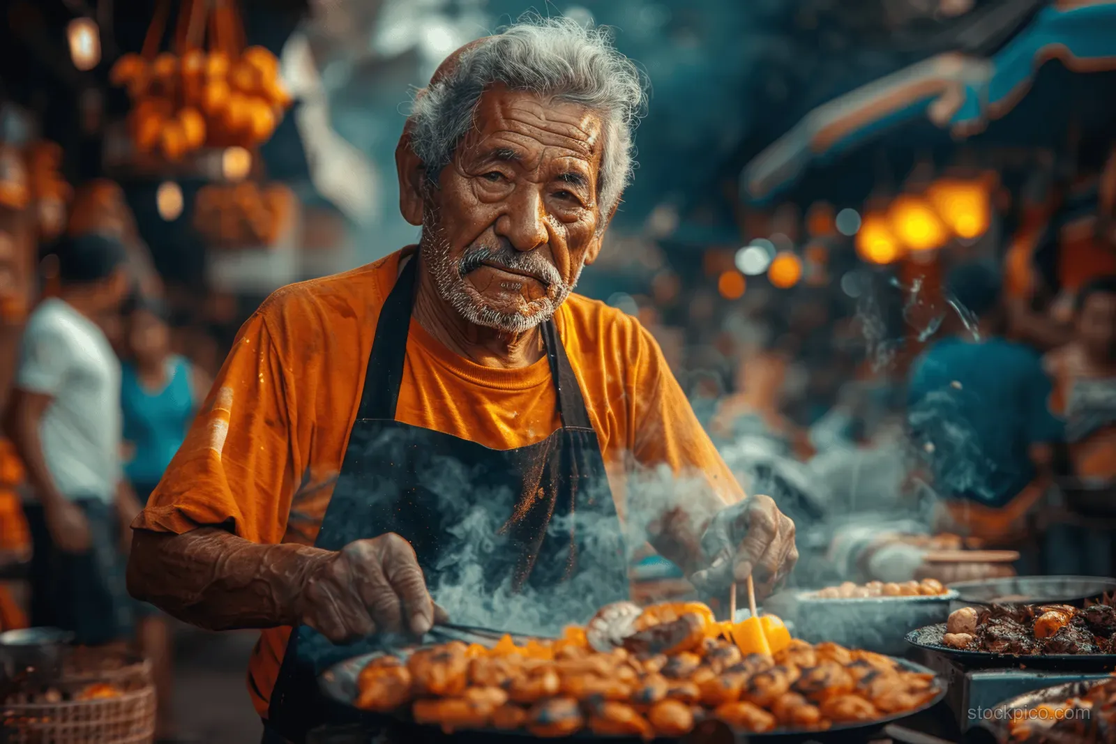 An elderly Mexican street vendor grills al pastor meat at a smoky market stall in Mexico City at night.