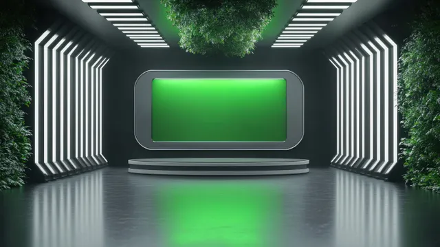Minimalist studio room with green screen panel, stage platform, vertical light bars, and hanging plants on dark walls.