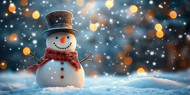 A snowman with a black top hat and red plaid scarf stands in snowy ground with glowing bokeh lights and snowfall behind.