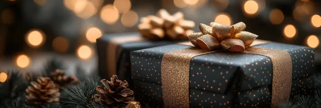 Black gift box tied with gold ribbon under warm holiday bokeh lights