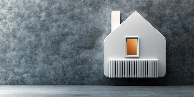 White house-shaped radiator on a textured gray wall with warm orange light shining from a single window.