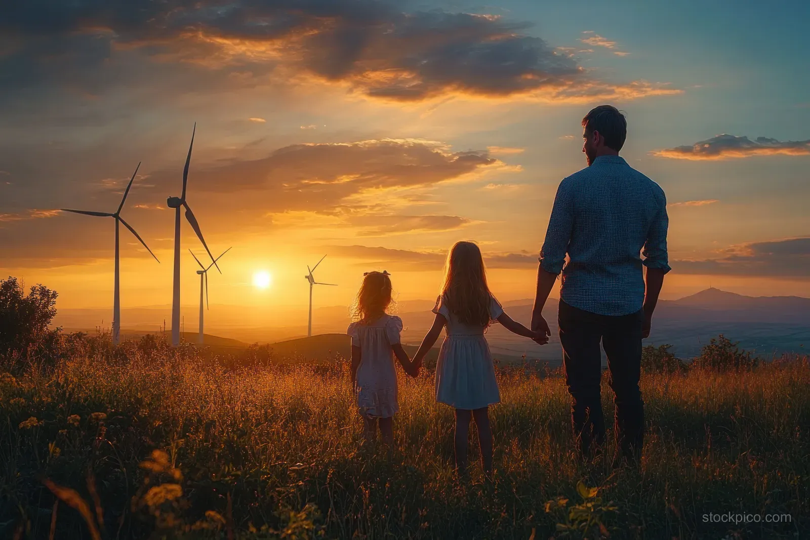 Father and daughter walk holding hands in a wind turbine field as sunset clouds glow overhead.