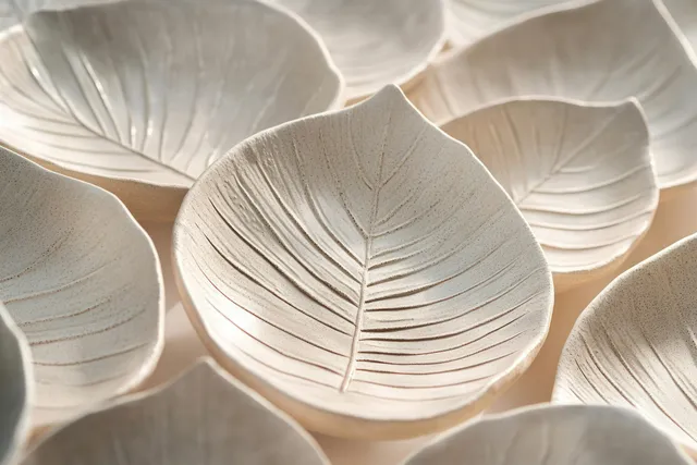 Leaf-shaped decorative ceramic plates arranged on a beige surface with sunlight and soft shadows.