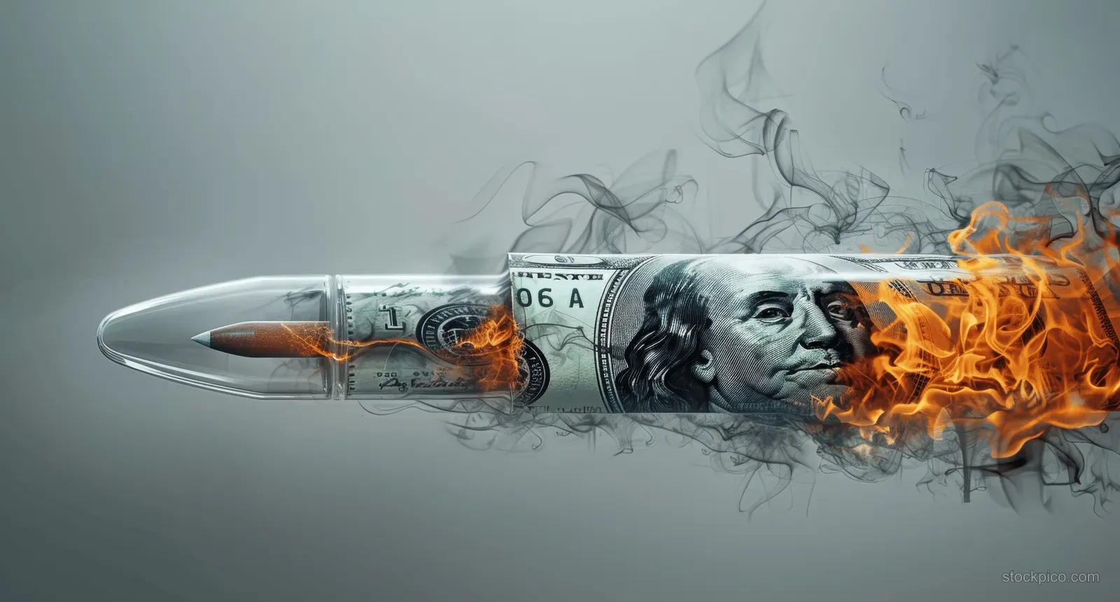A bullet passes through burning dollar bills with flames and smoke billowing around the cash.