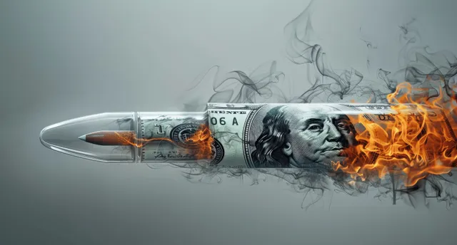 Burning dollar bills shot through smoke with inflation and bankruptcy risk