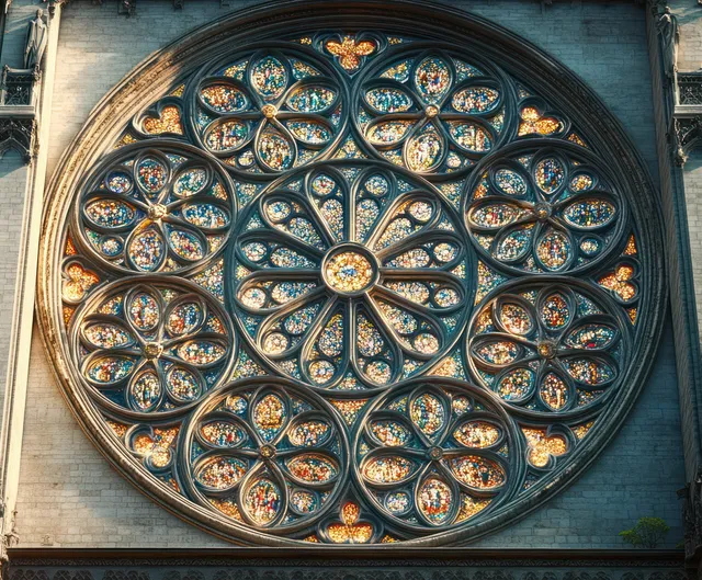Circular stained glass rose window with blue and gold floral geometric patterns set in a stone church wall.