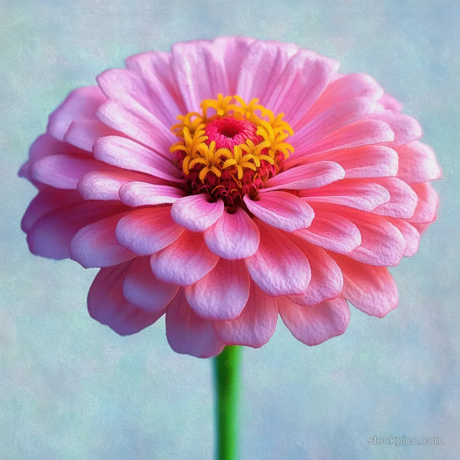 Close-up of a pink zinnia flower with layered petals and a yellow center, isolated on a softly blurred background.