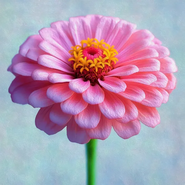 Close-up of a pink zinnia flower with layered petals and a yellow center, isolated on a softly blurred background.
