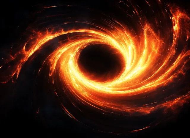Fiery black hole vortex spirals through dark space, glowing orange and yellow flames