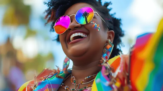 Joyful Black woman in wheelchair at Pride parade holding rainbow banner smiling warmly