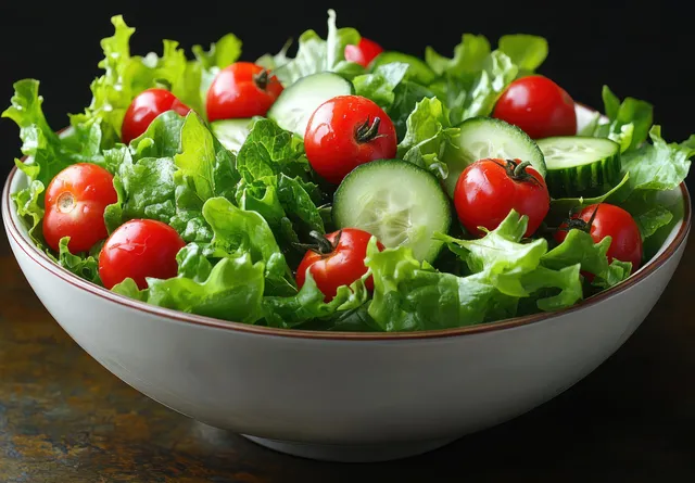Fresh leafy salad in a white bowl with cherry tomatoes and sliced cucumbers
