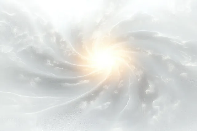 A glowing golden center sends swirling light rays through a white cloudy textured background.