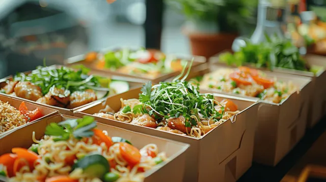 Eco-friendly paper takeout boxes filled with rice noodles and green salad sit on a kitchen counter with greenery nearby.