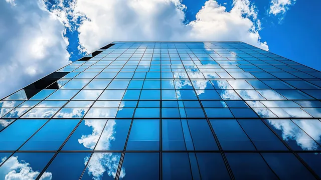 A glass skyscraper facade reflects blue sky and drifting white clouds in a low-angle view.