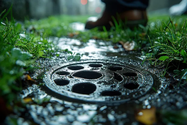 Worker holds a drainage hose beside an open manhole with wastewater on grass.