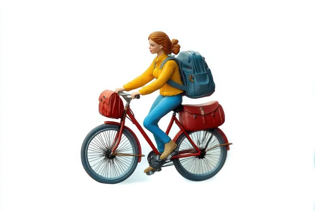 Miniature red-haired woman figurine riding a red bicycle on white background wearing a yellow jacket and blue pants with backpack.