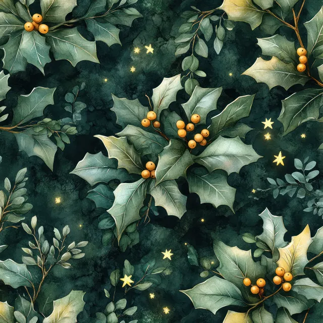 Watercolor holly and berries pattern with gold stars on dark green textured backdrop