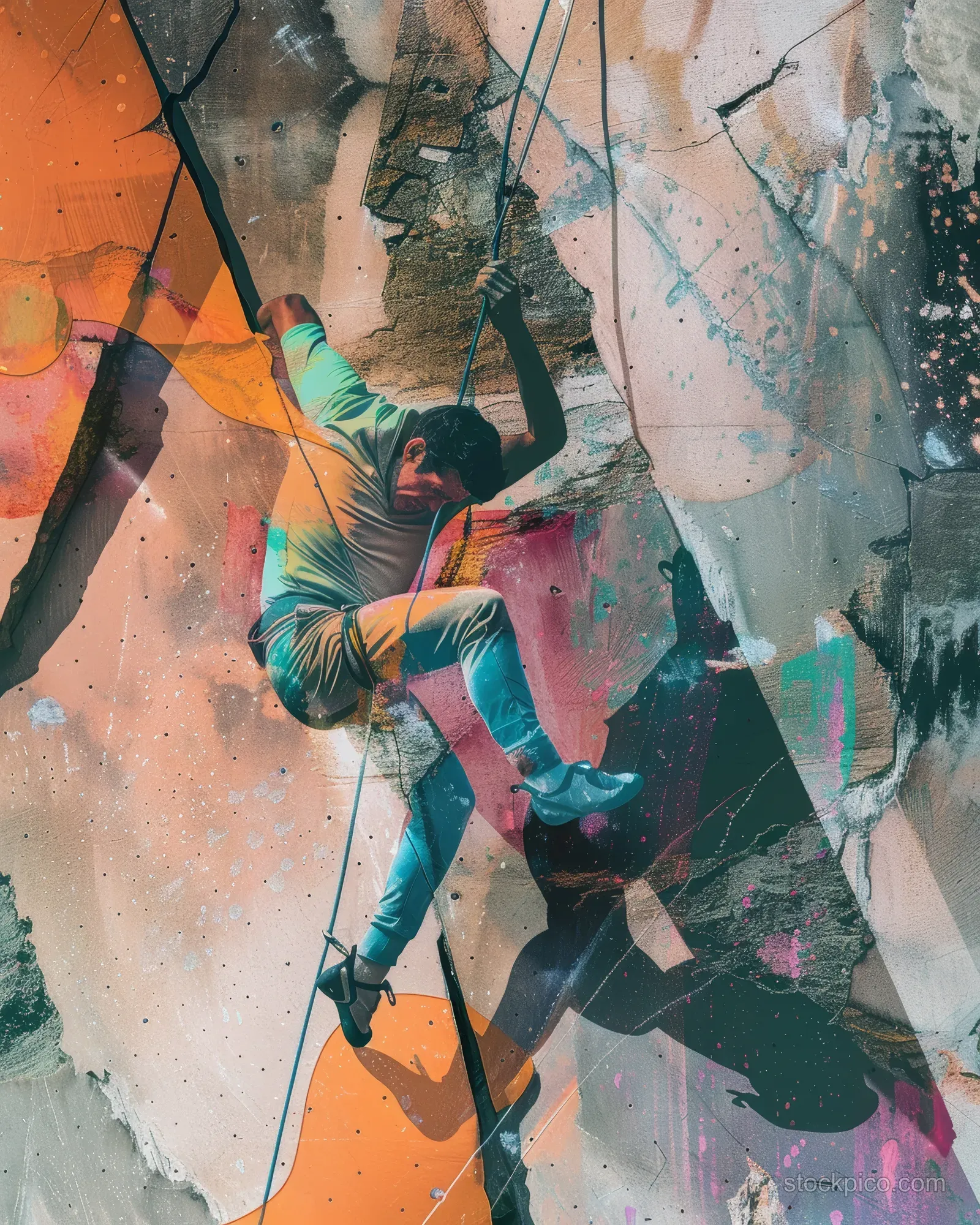 A male climber ascends a steep indoor wall, gripping holds as colorful abstract lighting splashes across the background.