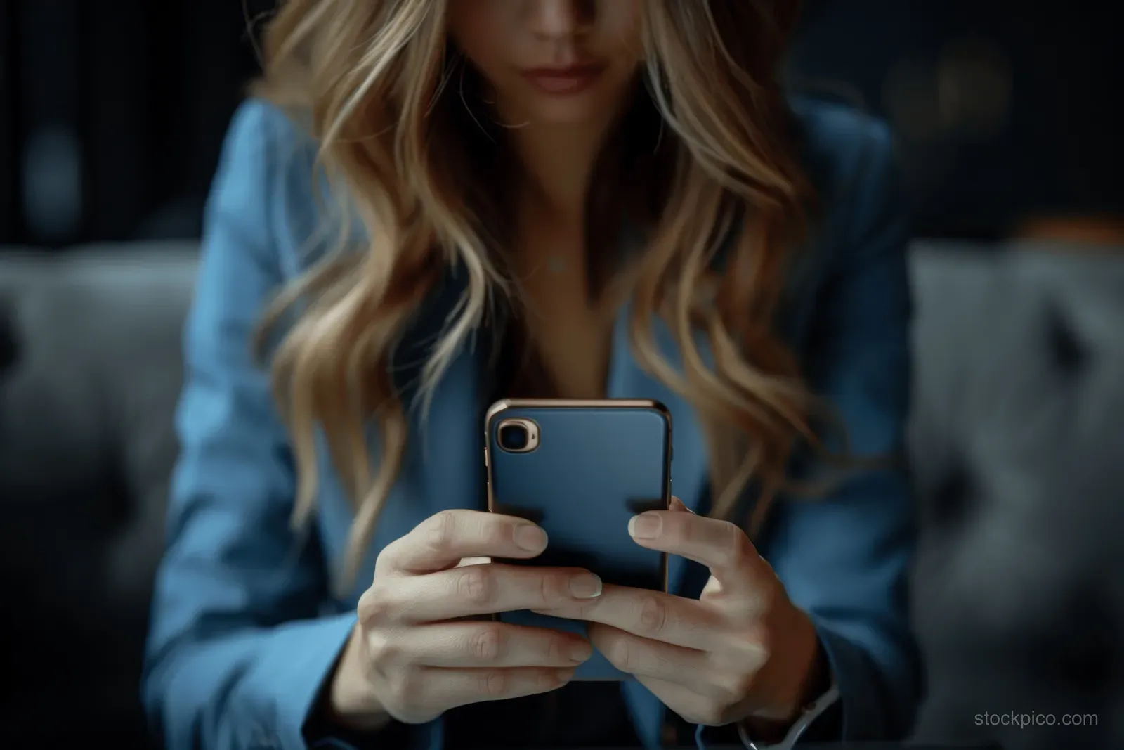 Businesswoman in a blue suit holding a smartphone at her desk.