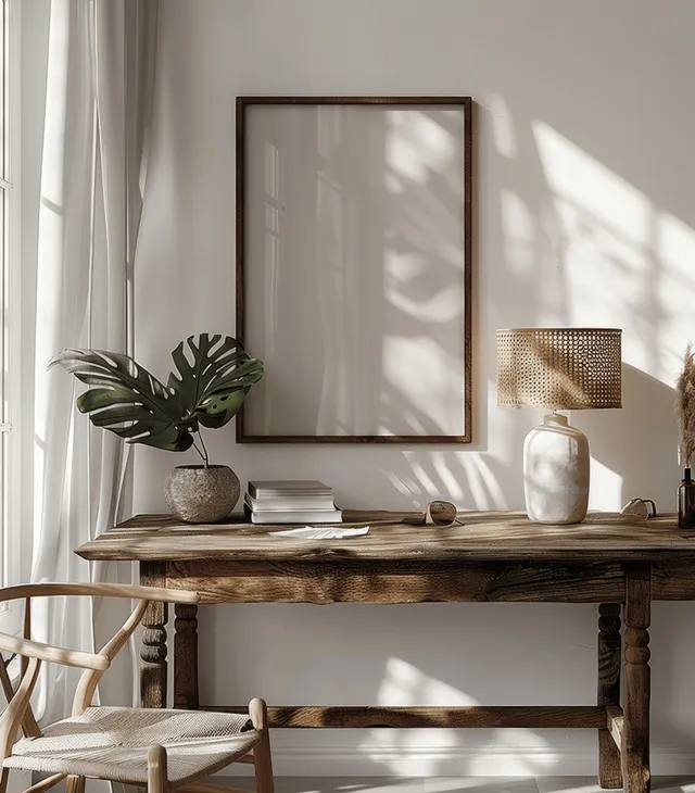 A rustic wooden desk sits under a blank frame beside a tropical plant in a sunlit room.