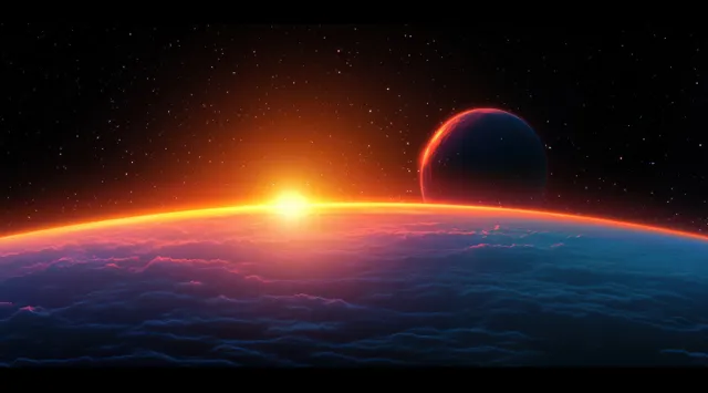 A planet horizon glows with orange sunrise rays and lens flare as stars fill the surrounding space.
