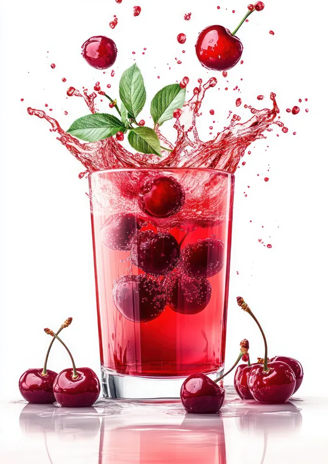 Cherry juice splashes from a glass while fresh cherries and green leaves float on a white background.