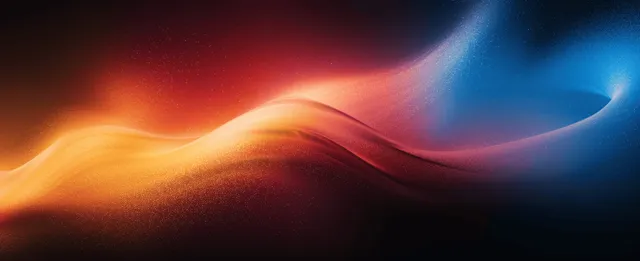 Glowing neon red, blue, and yellow light trails flow over a black grainy abstract gradient background.