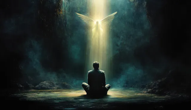 Silhouette of a kneeling praying man as a glowing dove descends under a bright Pentecost light beam.