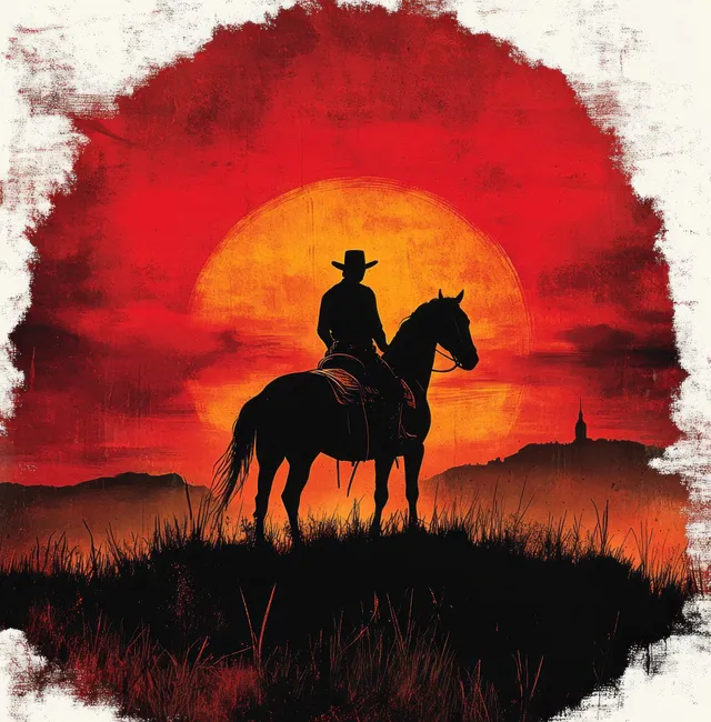 Silhouette of a cowboy on horseback against a large orange sunset sun with red sky and distant hills.