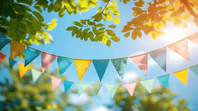 Colorful garden bunting flags strung between green leaves under a bright blue sky