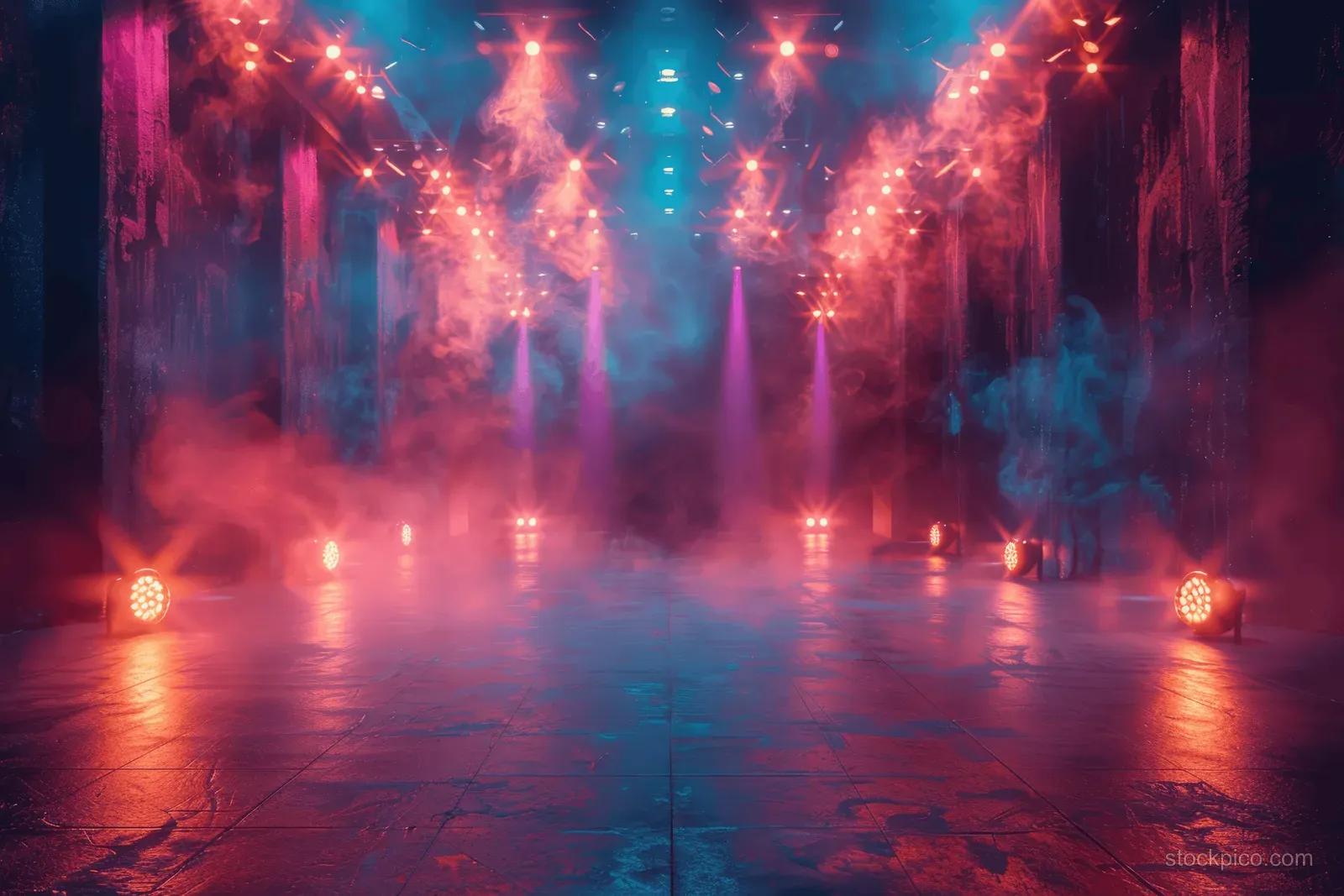 Neon concert stage with spotlights, fog, and reflections on an empty floor.