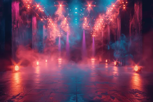Neon concert stage with spotlights and fog on an empty glossy floor