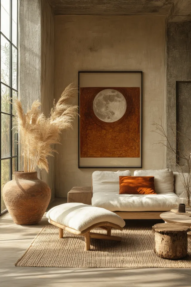 Sunlit Scandinavian living room with a light sofa, framed minimalist art, warm earthy textures, and a large window.