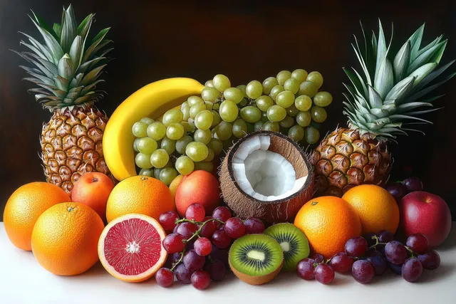 Assorted tropical and citrus fruits including pineapple, grapes, oranges, kiwi, grapefruit, and coconut halves arranged on a white surface.