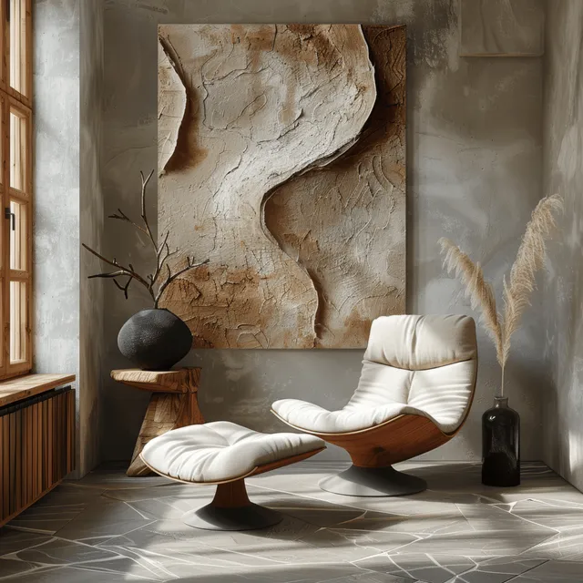 Minimal lounge with beige lounge chair, wood side table, and abstract art on stucco wall