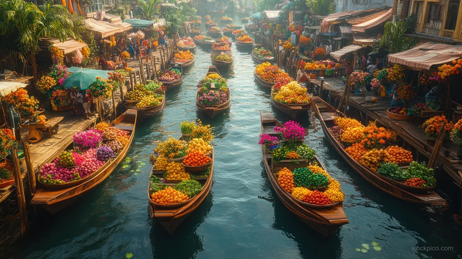 Aerial view of Damnoen Saduak canals with boats loaded with colorful fruits and vegetables under warm afternoon light.