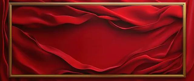 A red satin fabric drapes in glossy folds inside a thin gold frame.