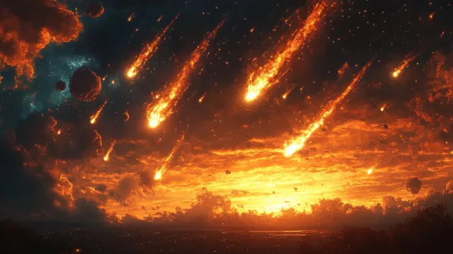 Bright fiery meteors streak through a dark twilight sky with glowing trails and sunset clouds.