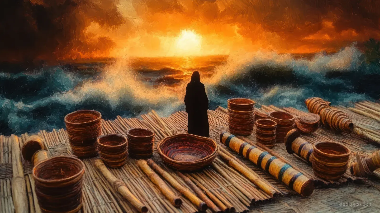 Silhouetted traveler stands on a wooden raft with clay pots and baskets, facing an orange sunset over rough ocean waves.
