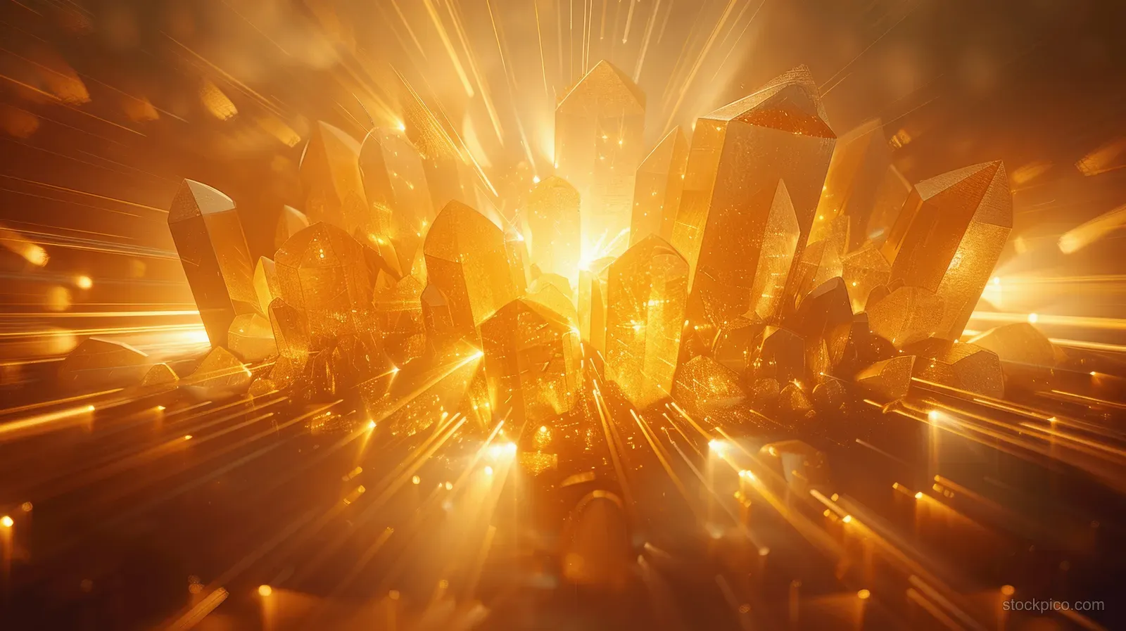 Golden geometric crystal sphere emits radiating light rays symmetrically across a dark, glowing background.
