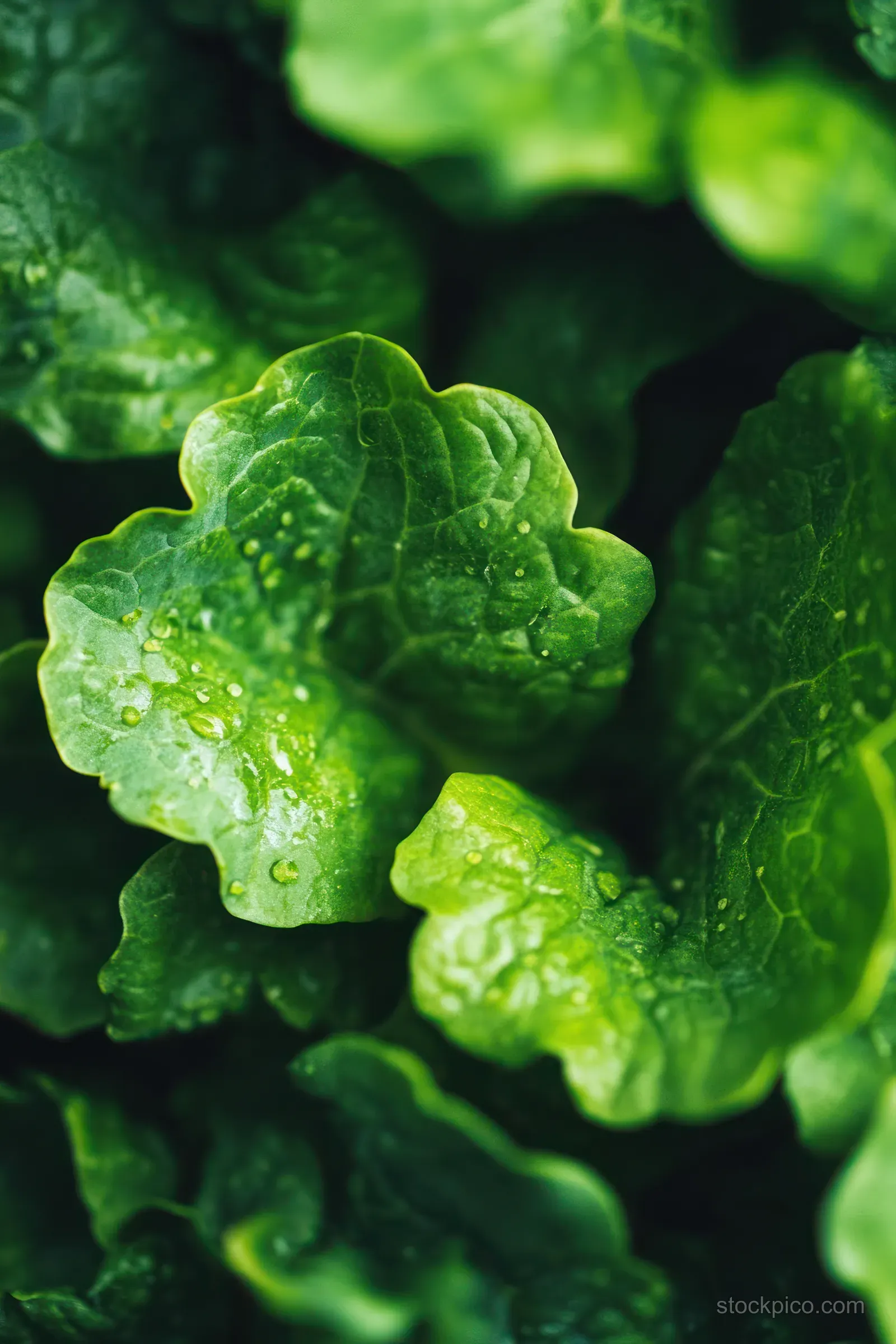Macro closeup of green lettuce leaves with crinkled texture and dewdrops in natural light.